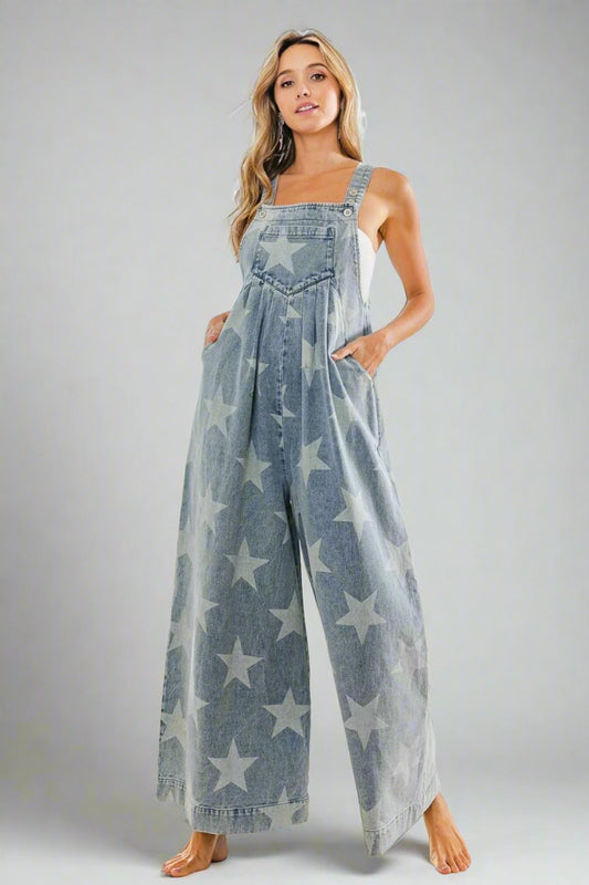 Star Pattern Wide-Leg Denim Overalls