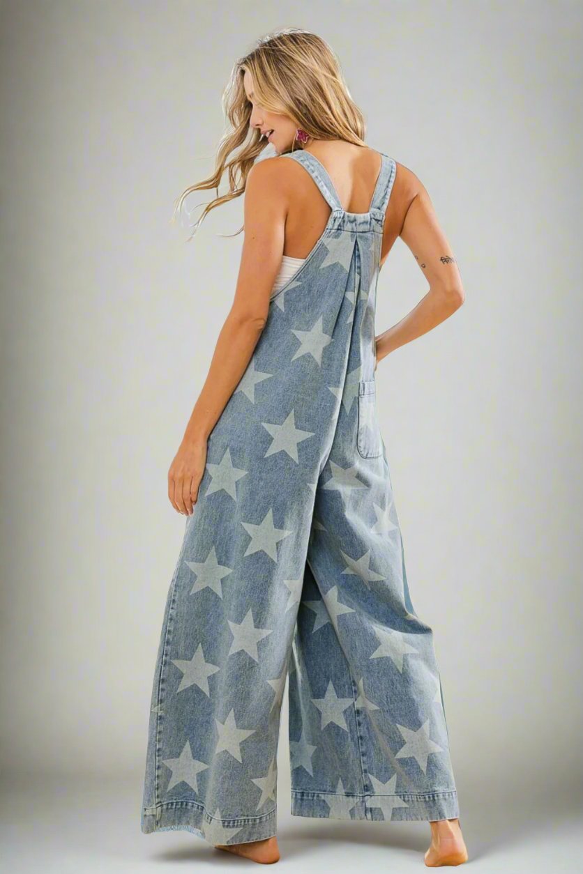 Star Pattern Wide-Leg Denim Overalls