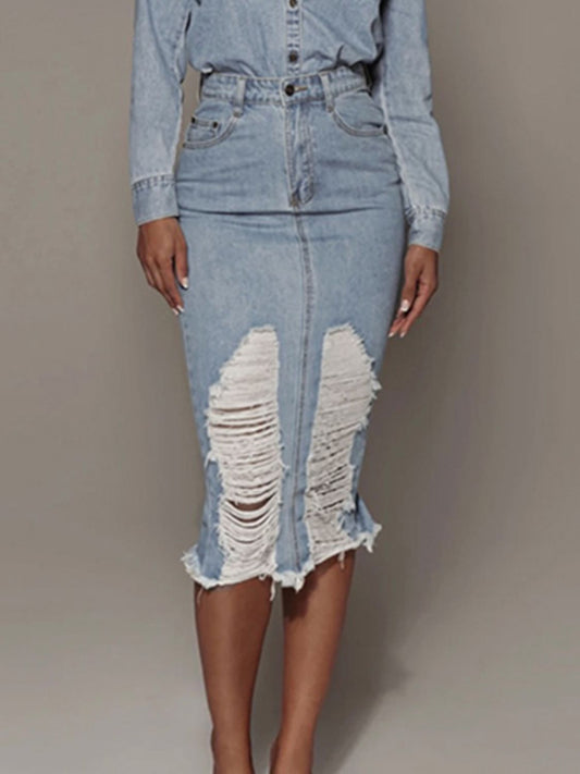 Rogue Rips Denim Pencil Skirt