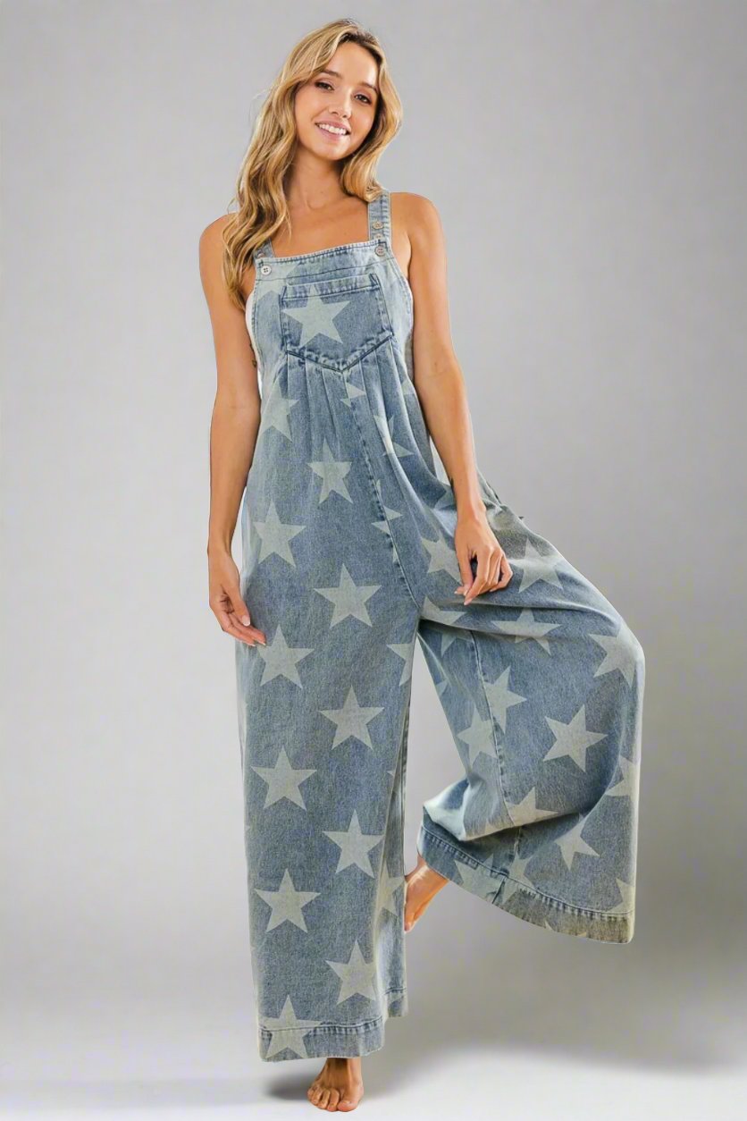 Star Pattern Wide-Leg Denim Overalls